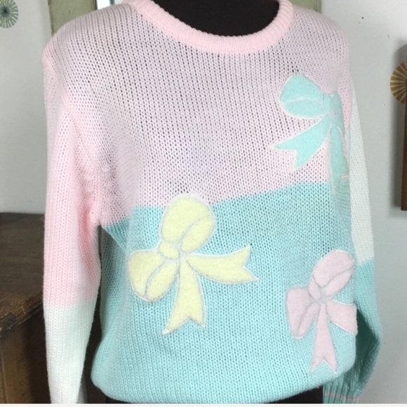 Vintage Sweaters - 80s Pastel Sweater Fairy Kei Bows Oversized Kawaii